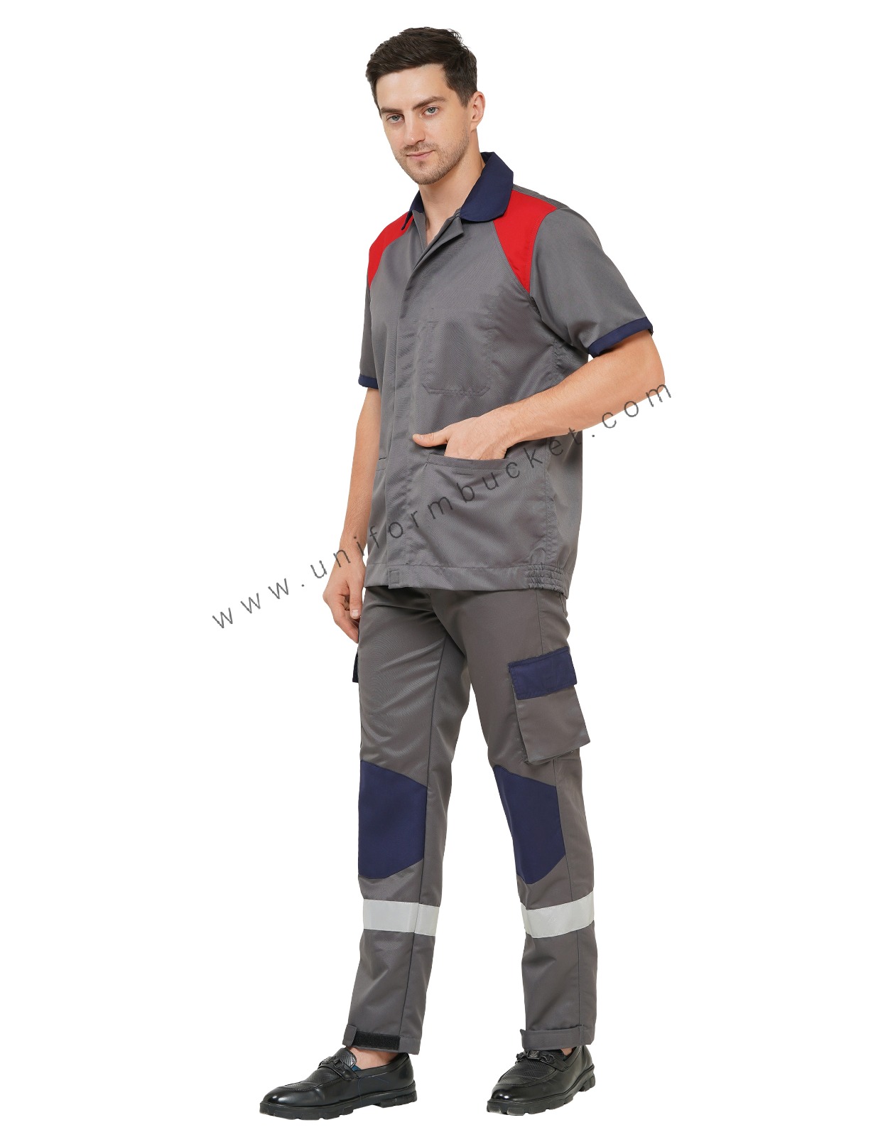 MALE WORKWEAR GREY SHIRT WITH RED FRONT YOKE & NAVY BLUE COLLAR thumbnail 3
